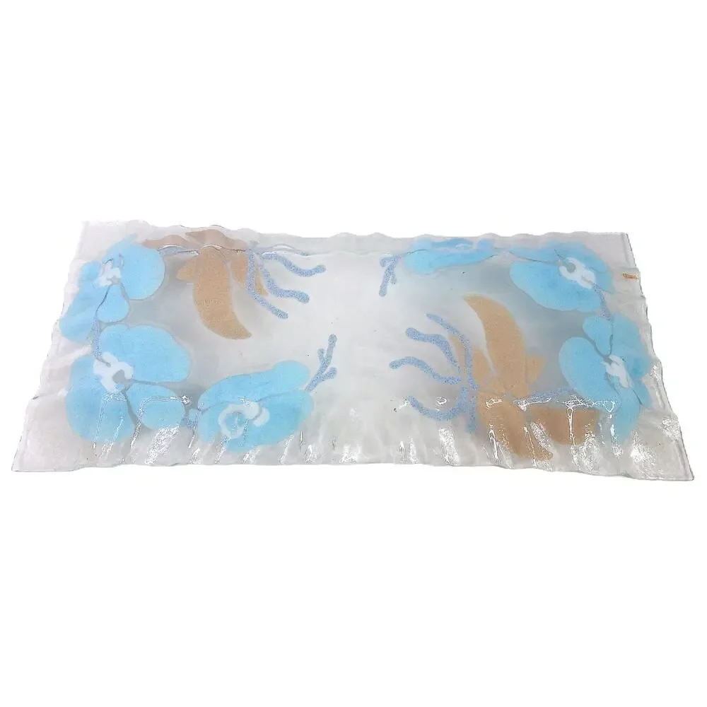 Vtg SYD Sydenstricker Blue Brown Floral Rectangular Ruffled Fused Glass Tray